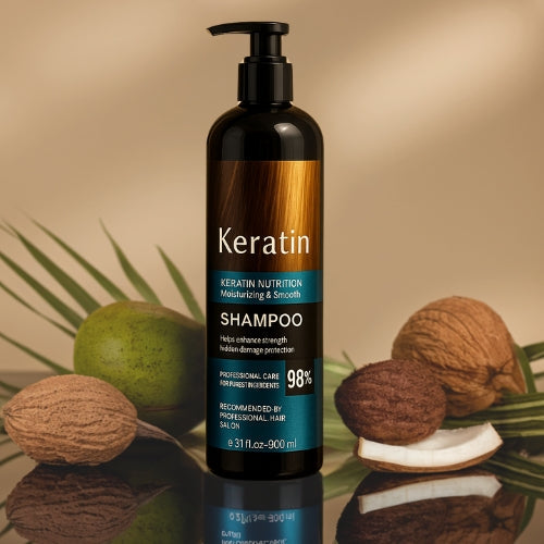Keratin shampoo bottle with natural ingredients like nuts and coconut on a reflective surface