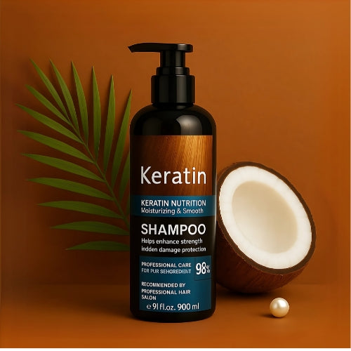 Zulfi01 blue keratin shampoo bottle with moisturizing formula next to coconut and green leaf