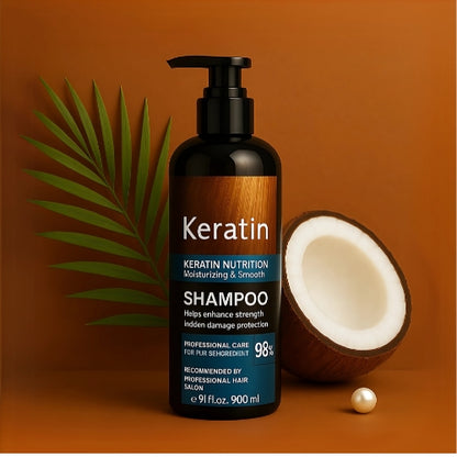 Zulfi01 blue keratin shampoo bottle with moisturizing formula next to coconut and green leaf