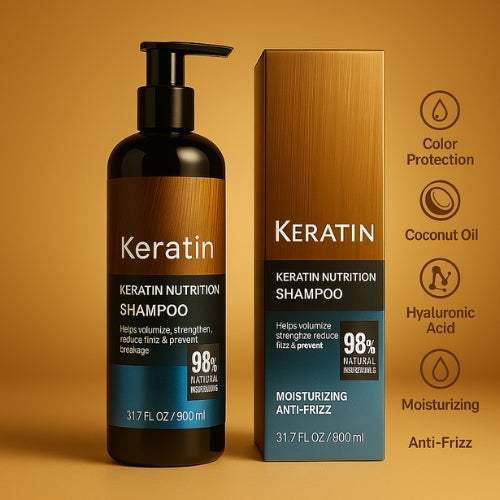 Blue keratin shampoo bottle and box with moisturizing anti-frizz formula and natural ingredients