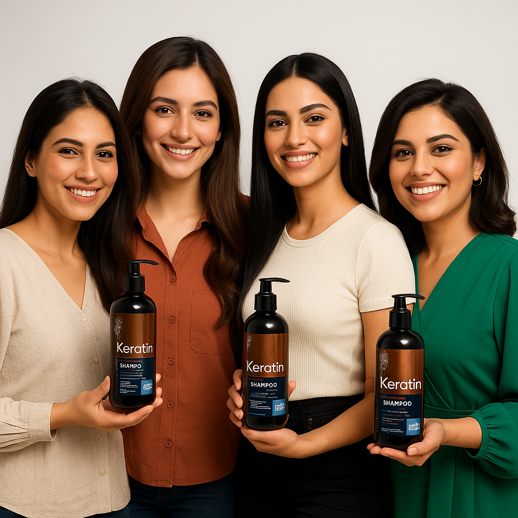 Four smiling women holding black bottles of blue keratin shampoo from Zulfi01 in a studio setting