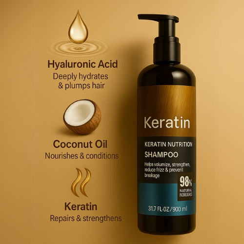 Zulfi01 blue keratin shampoo bottle highlighting hyaluronic acid coconut oil and keratin for hair hydration and strength