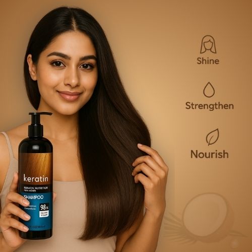 Woman holding blue keratin shampoo bottle promoting shine strengthen and nourish hair benefits