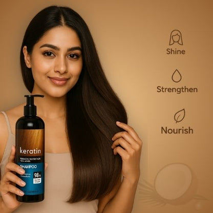 Woman holding blue keratin shampoo bottle promoting shine strengthen and nourish hair benefits