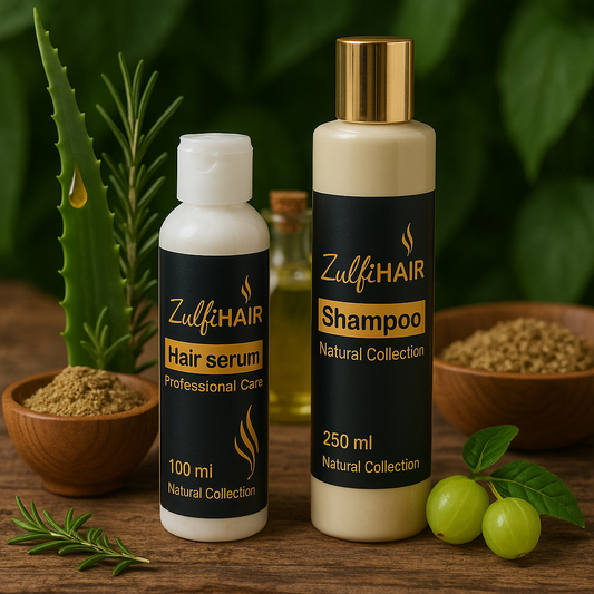 Zulfi Hair herbal hair care bundle with natural shampoo and hair serum bottles on wooden surface with herbs