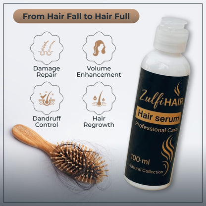 Zulfi Hair Herbal Hair Regrowth Serum bottle with benefits like damage repair and dandruff control
