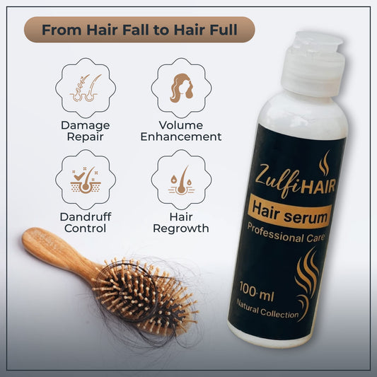 Zulfi Hair Herbal Hair Regrowth Serum bottle with benefits like damage repair and dandruff control