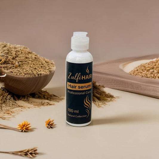 Zulfi Hair Herbal Hair Regrowth Serum 100ml bottle with natural herbal ingredients in wooden bowls