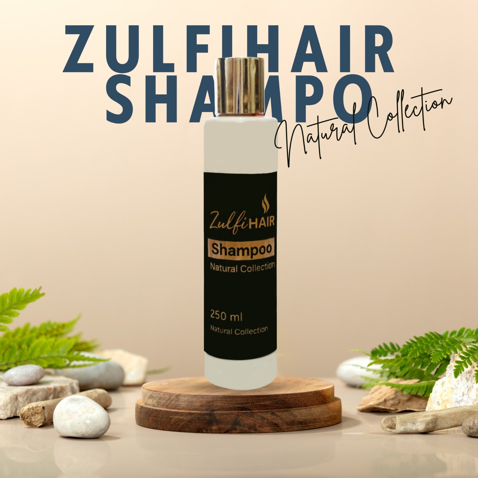 Zulfi Hair Herbal Shampoo bottle from Natural Collection with 250 ml capacity on wooden stand