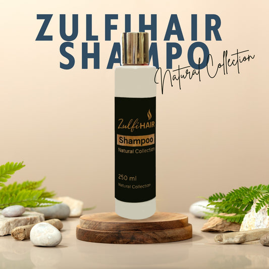 Zulfi Hair Herbal Shampoo bottle from Natural Collection with 250 ml capacity on wooden stand