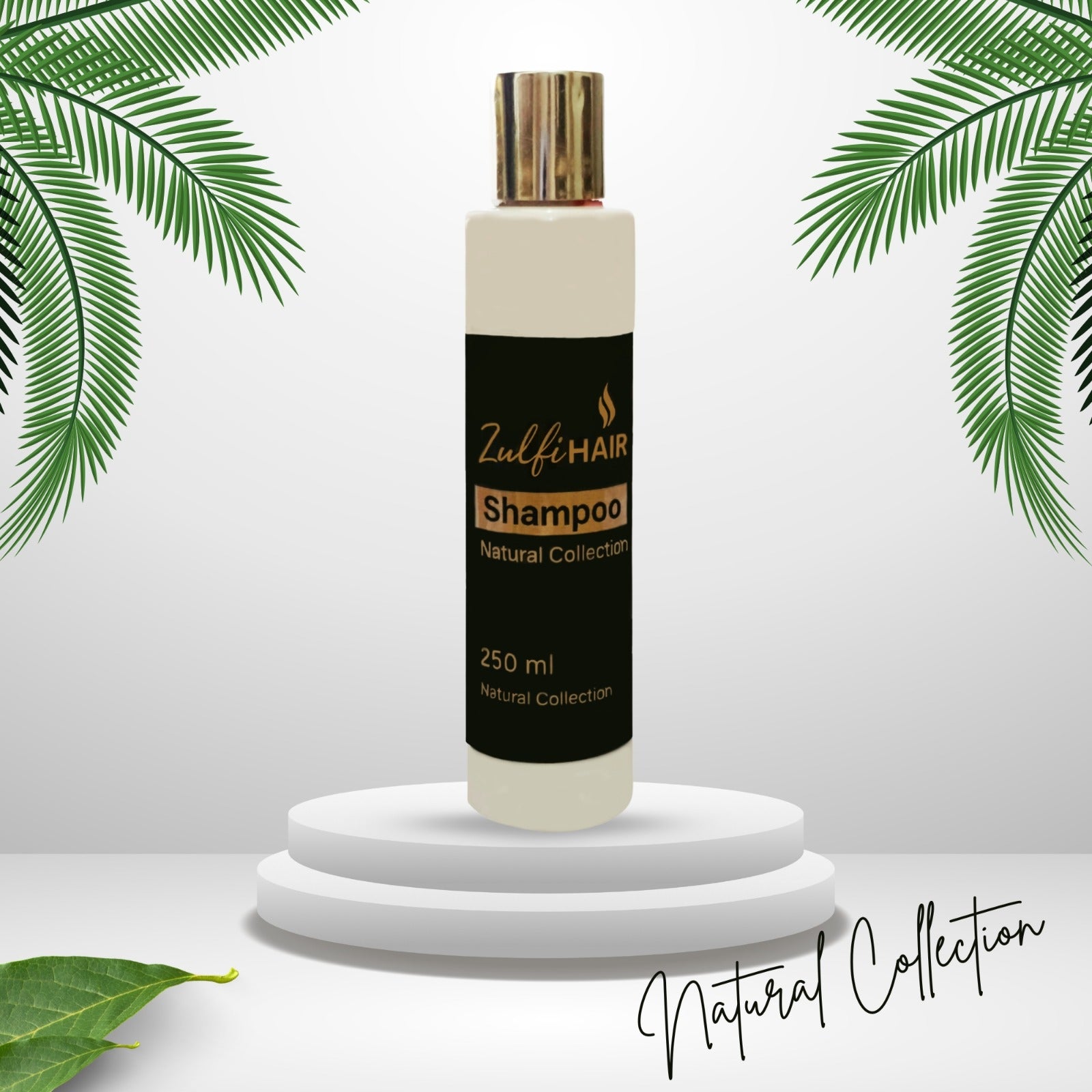 Zulfi Hair Herbal Shampoo 250ml bottle from Natural Collection on white pedestal with green leaves